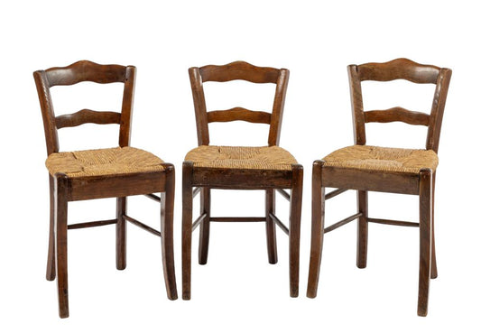 Set of 3 Antique French timber chairs with rush seats from the Haute-Savoie region