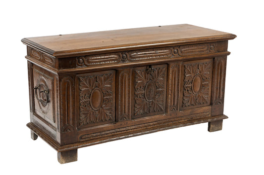 Early 19th Century antique French impressive carved Oak blanket chest from the French Alps