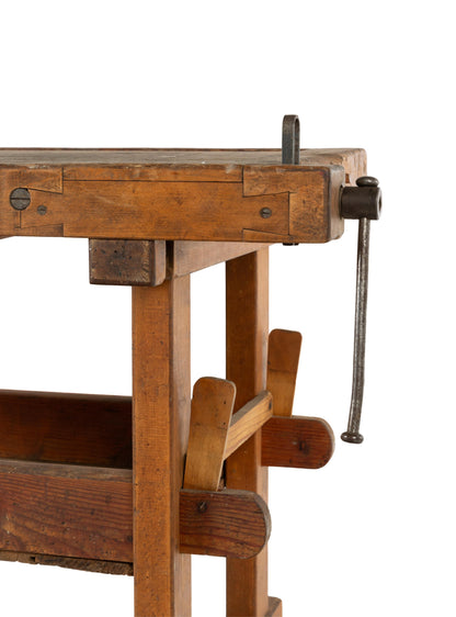 Antique French late 19th Century Établi woodwork bench from the French Alps with vice and single drawer and sharpening tools