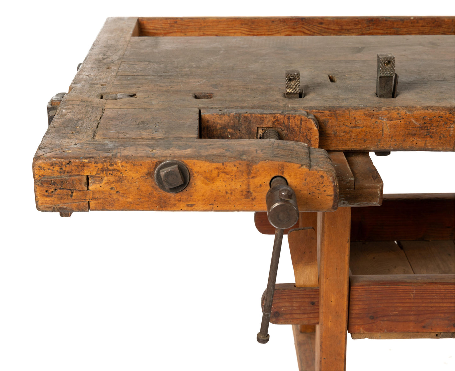 Antique French late 19th Century Établi woodwork bench from the French Alps with vice and single drawer and sharpening tools