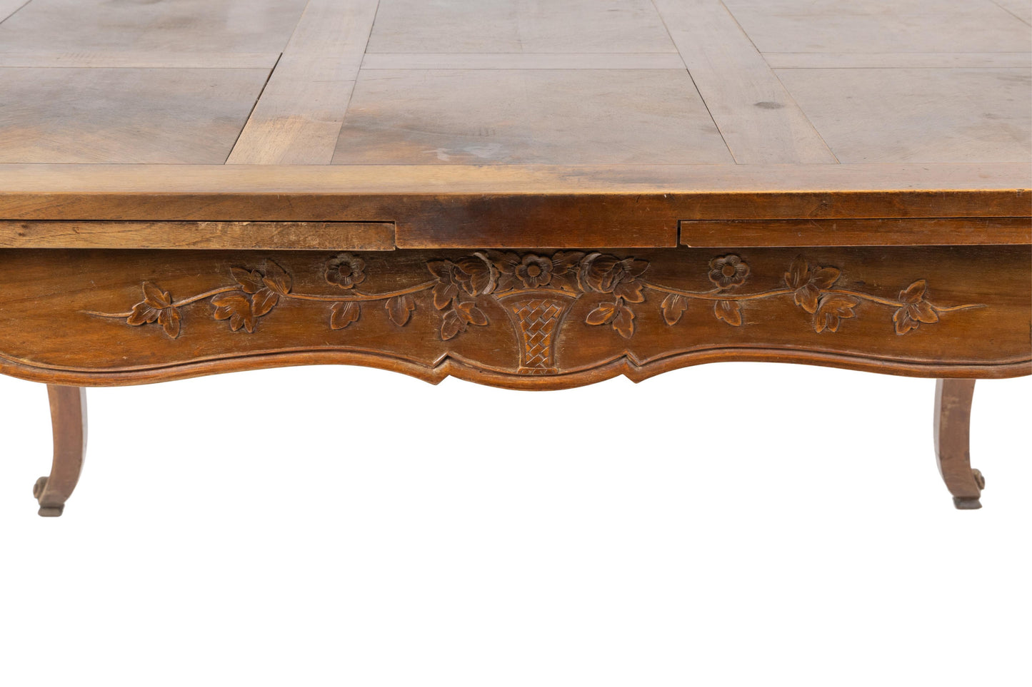 19th Century Antique French walnut Louis XV Style extendable dining table with floral hand carvings from Provence