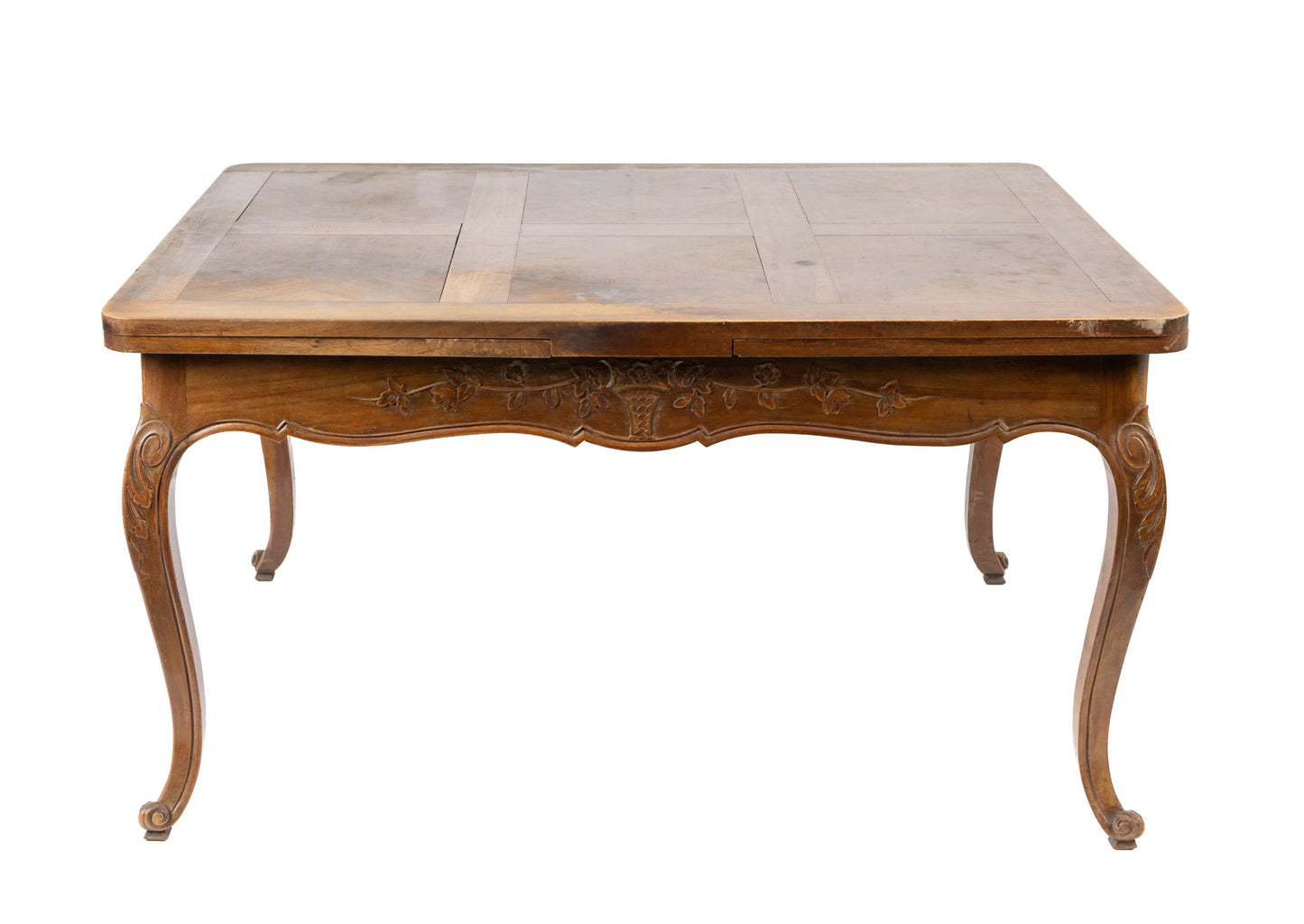 19th Century Antique French walnut Louis XV Style extendable dining table with floral hand carvings from Provence