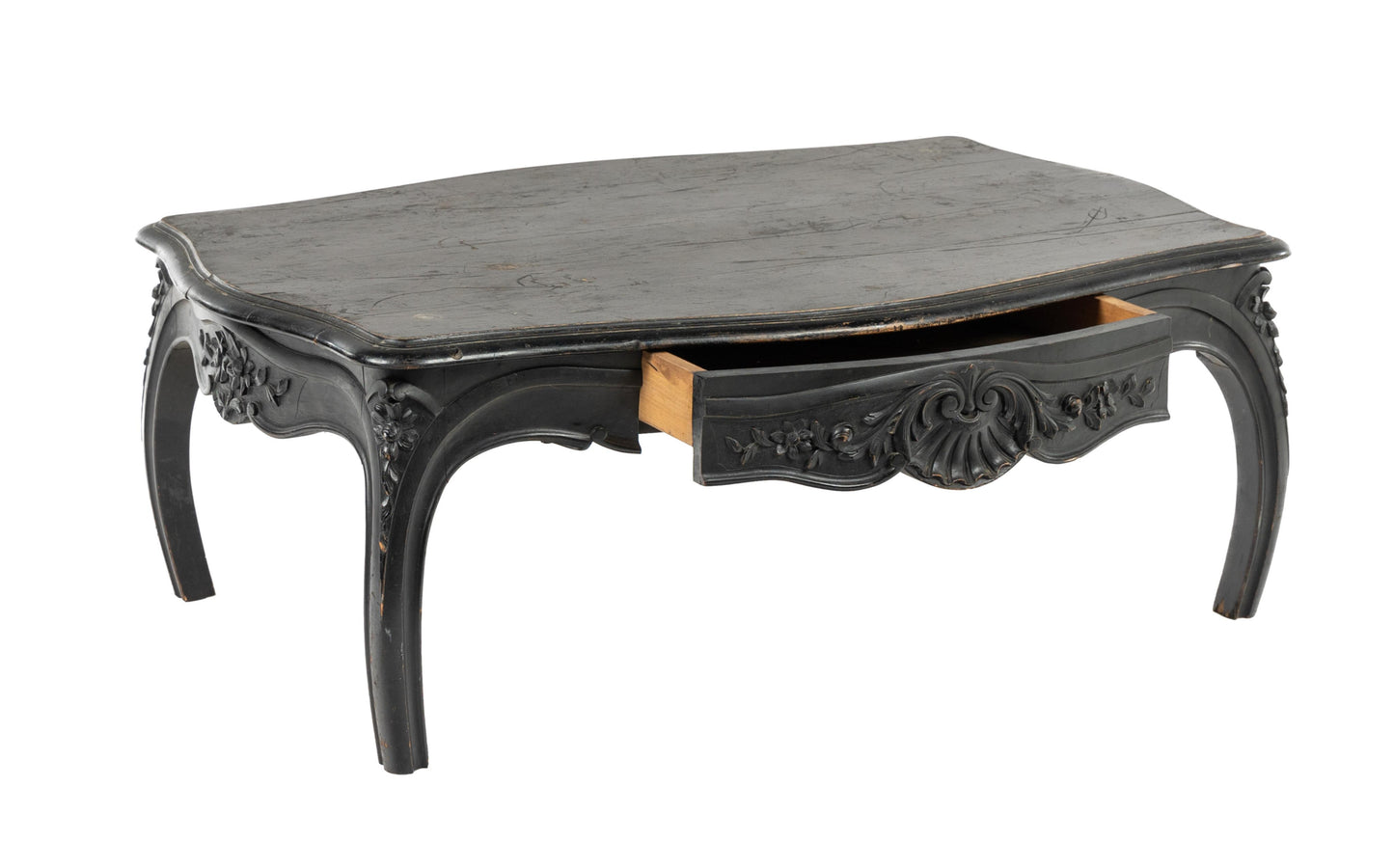 19th Century antique French Black lacquered Coffee Table with Coquille carvings and central drawer from Lyon