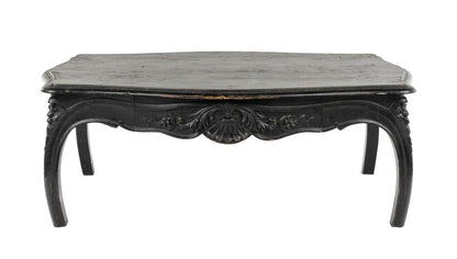 19th Century antique French Black lacquered Coffee Table with Coquille carvings and central drawer from Lyon