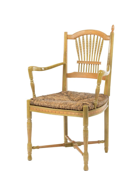 Beautiful antique French arts and crafts armchair with spindle back and rush seat from Provence