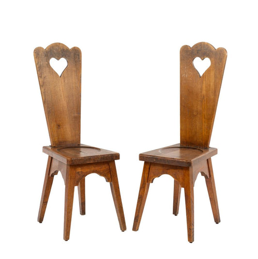 Fabulous Pair of unique vintage French Alpine High back chairs with Loveheart cutouts hand made and discovered in a chalet in Chamonix