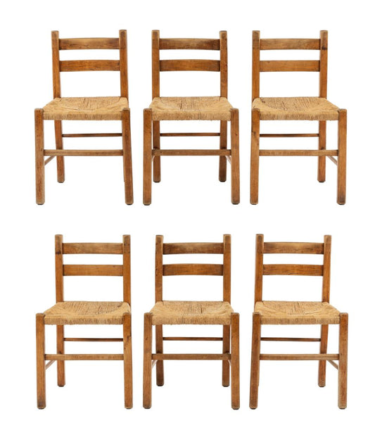 Set of 6 lovely Antique French rush chairs from the French Alps featuring lower backs and a beautiful oak frame