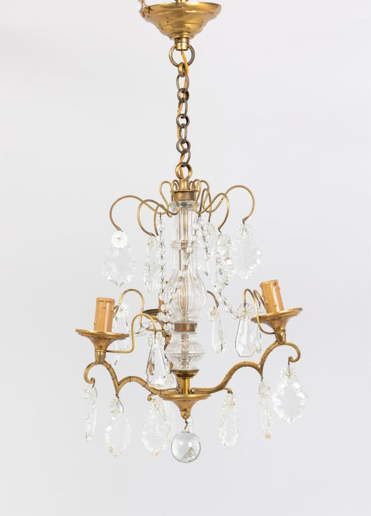 Elegant antique French brass 3 light Chandelier with Crystals from Paris