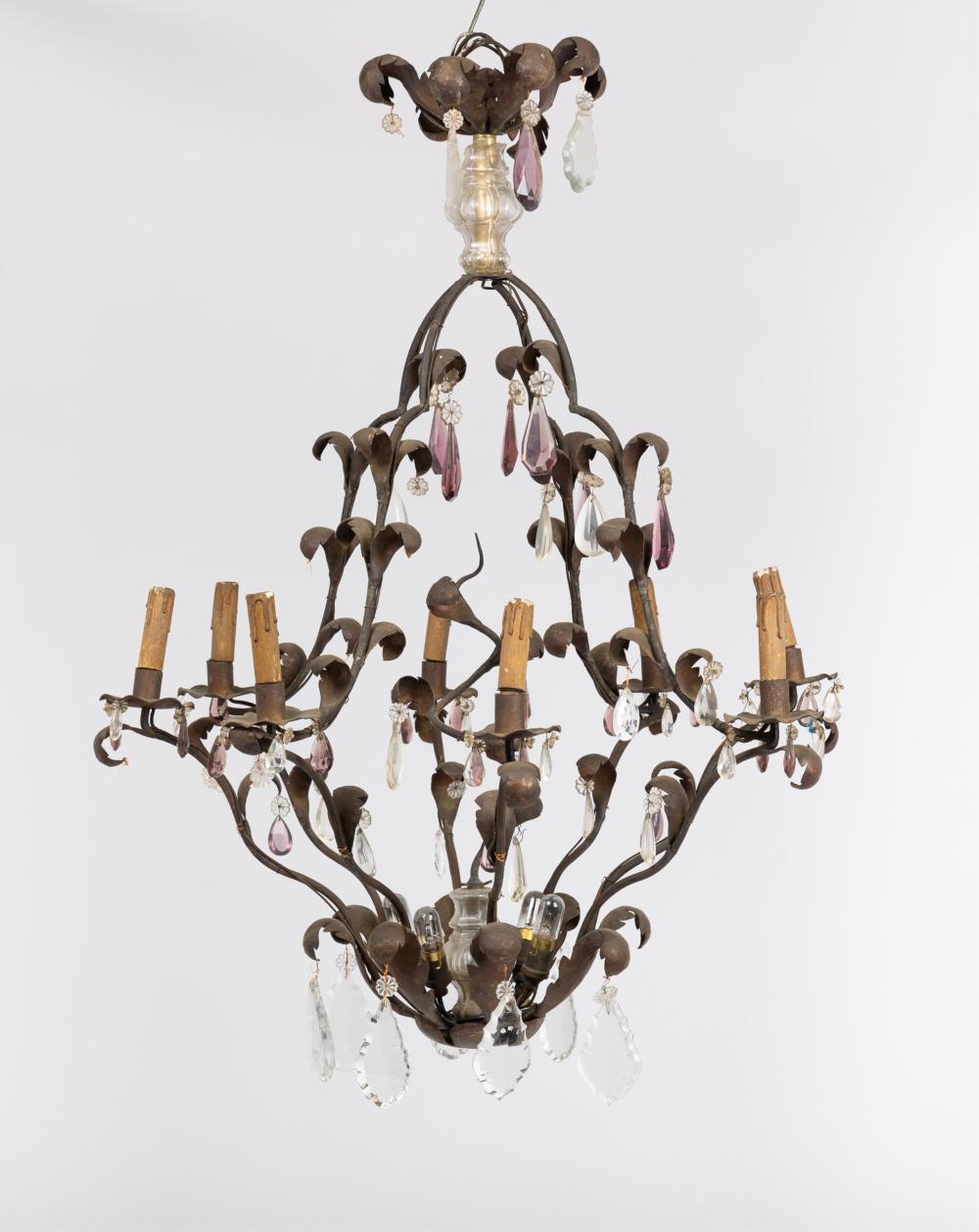 Impressive oversized Iron Chandelier with 8 Lights and purple and clear crystals -A French Masterpiece