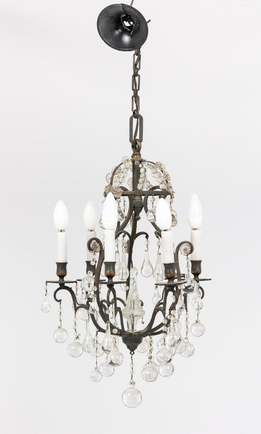 Stunning 6 light antique French brass Chandelier with Glass bauble drop crystals from Paris