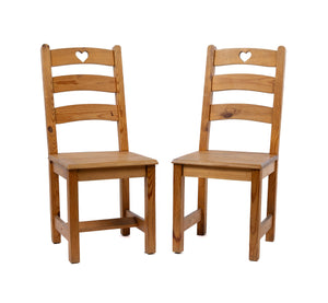 Pair of solid timber vintage French pine chairs with love heart cut outs. Hand made in the French Alps