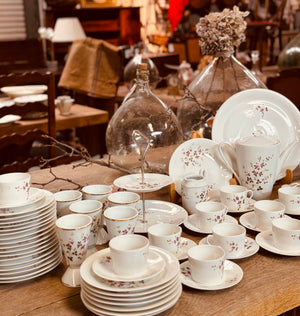 Delicate Antique 61 piece French porcelain crockery set with makers stamp from Paris.
