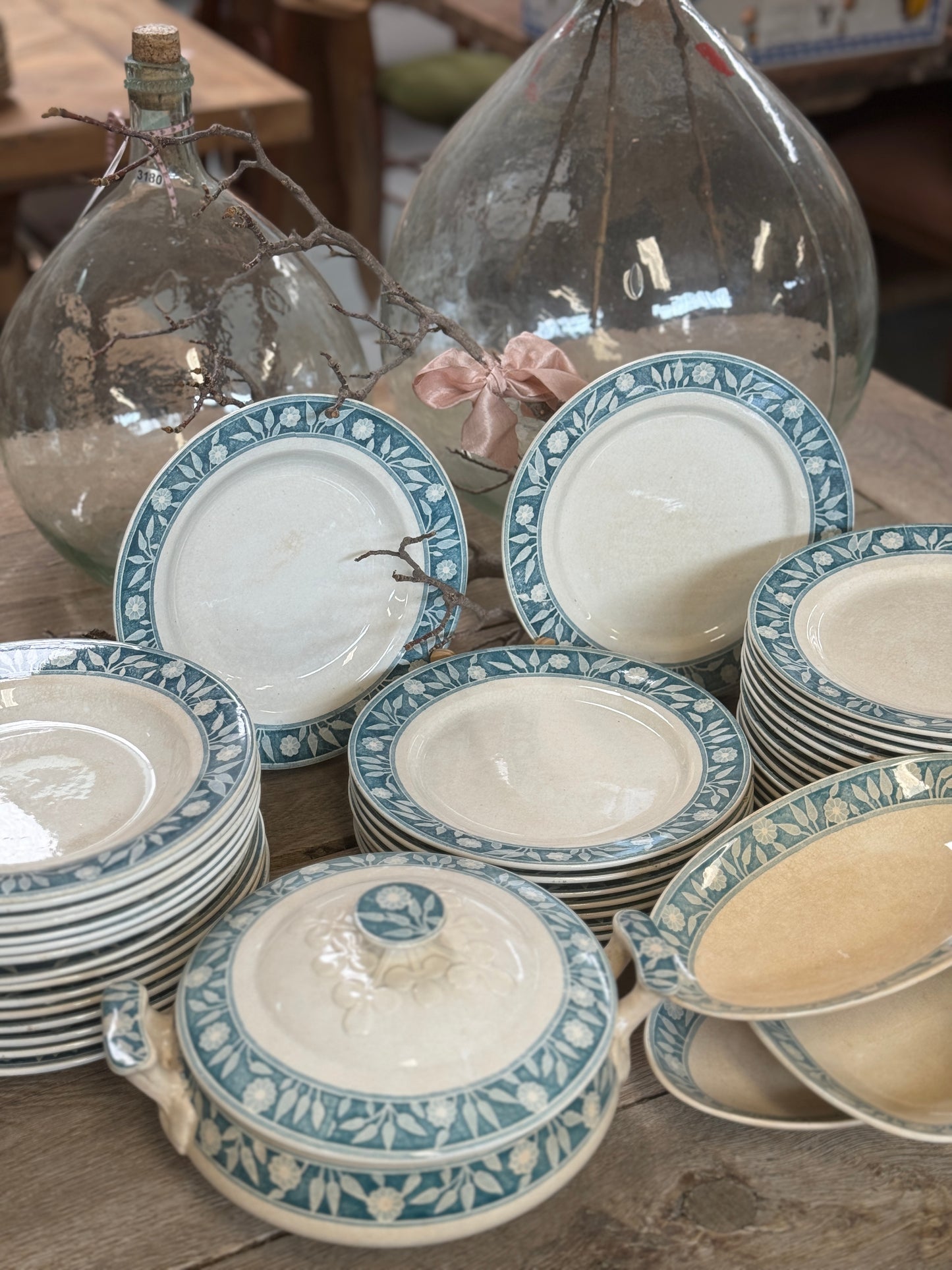 Genuine antique French blue and white ' Creil et Montereau' 42-piece dinner set from France.