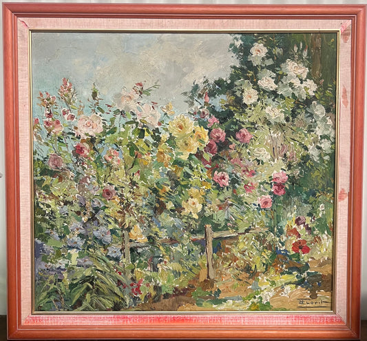 Lovely vintage French oil painting of a garden from Provence