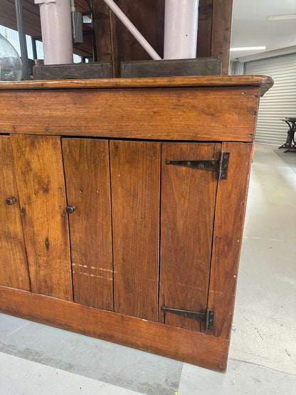 Vintage walnut farmhouse sideboard featuring internal shelves and a warm honey-coloured finish
