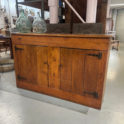 Vintage walnut farmhouse sideboard featuring internal shelves and a warm honey-coloured finish