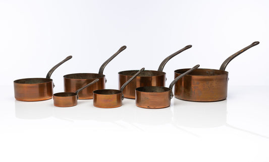 Set of 7 antique French copper pots from Provence