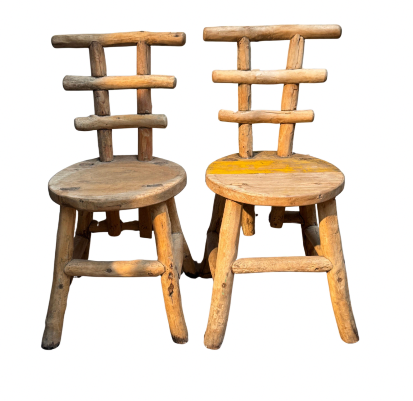 Pair of solid baltic pine chairs - one with some yellow painted patina both in excellent condition