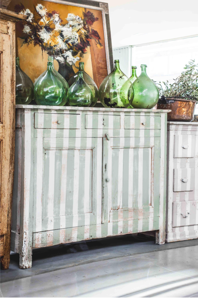 A unique large vintage French pine sideboard in a painted cream and sage stripe, from Provence