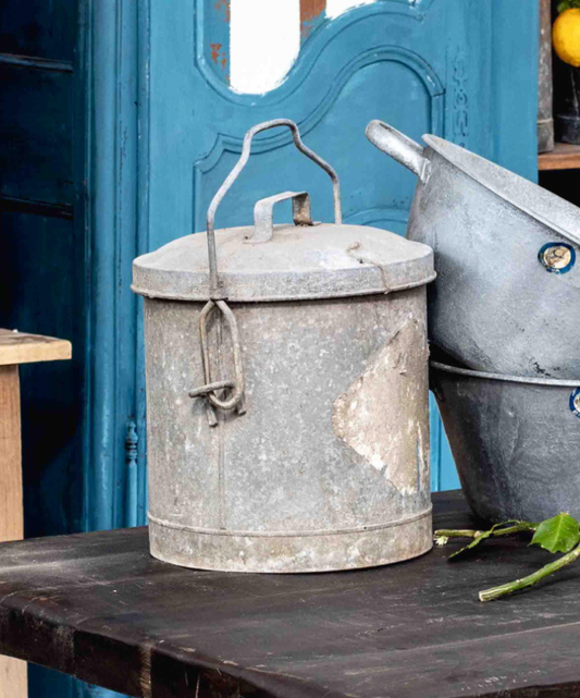 Lovely vintage French zinc bucket with swing lid, from the French Alps
