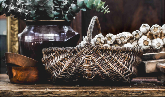 Charming antique French flower pickers basket with bentwood handle from the Alps