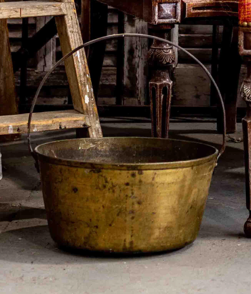Lovely antique French solid brass basin with iron handle, from the French Alps