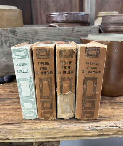A stack of 4 vintage French hard back books of Theatre and Fables found in Provence