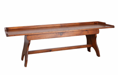 Vintage French Alpine bench seat in a deep pine with trestle legs and stretcher bar from South of Grenoble