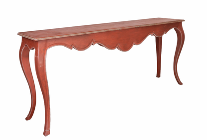 Impressive large vintage French red narrow console hall table with scalloped design and gold edging