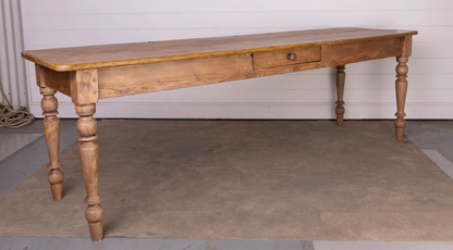 Beautiful Antique French Dining Table in a blonde French Pine with turned legs and central drawer from a chateau near Annecy