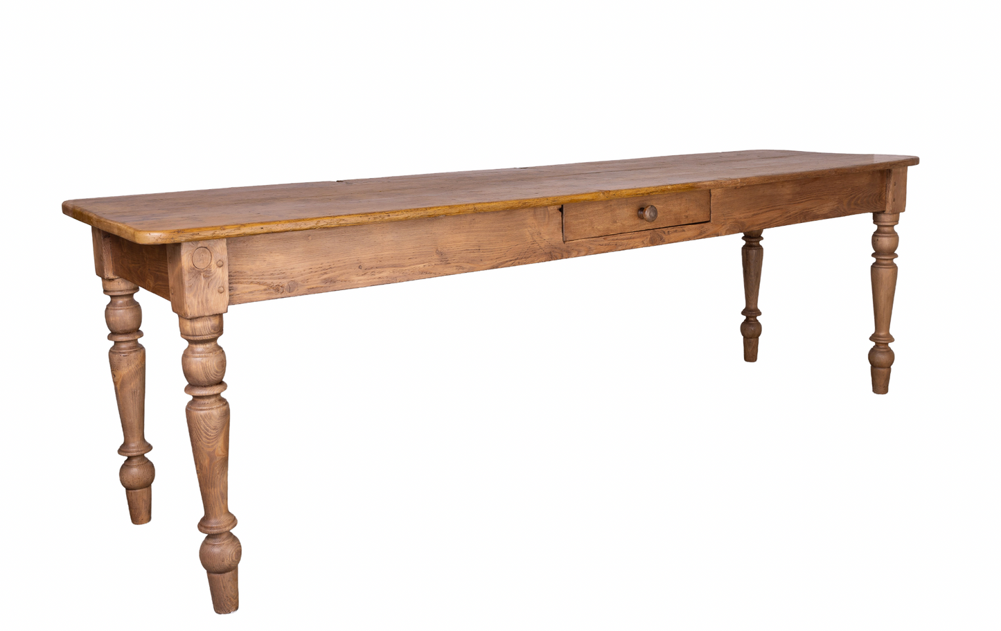 Beautiful Antique French Dining Table in a blonde French Pine with turned legs and central drawer from a chateau near Annecy