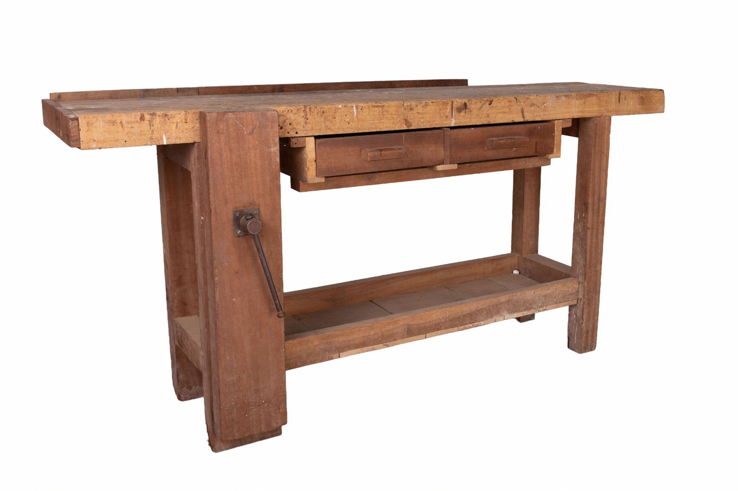 Antique French rustic 'Etabli' Workbench with vice and storage from a chateau workshop in the French Alps