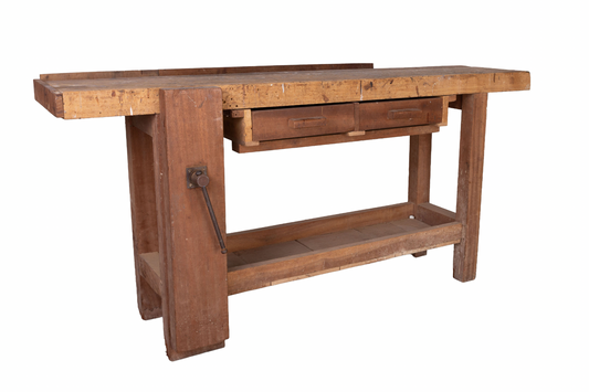 Antique French rustic 'Etabli' Workbench with vice and storage from a chateau workshop in the French Alps