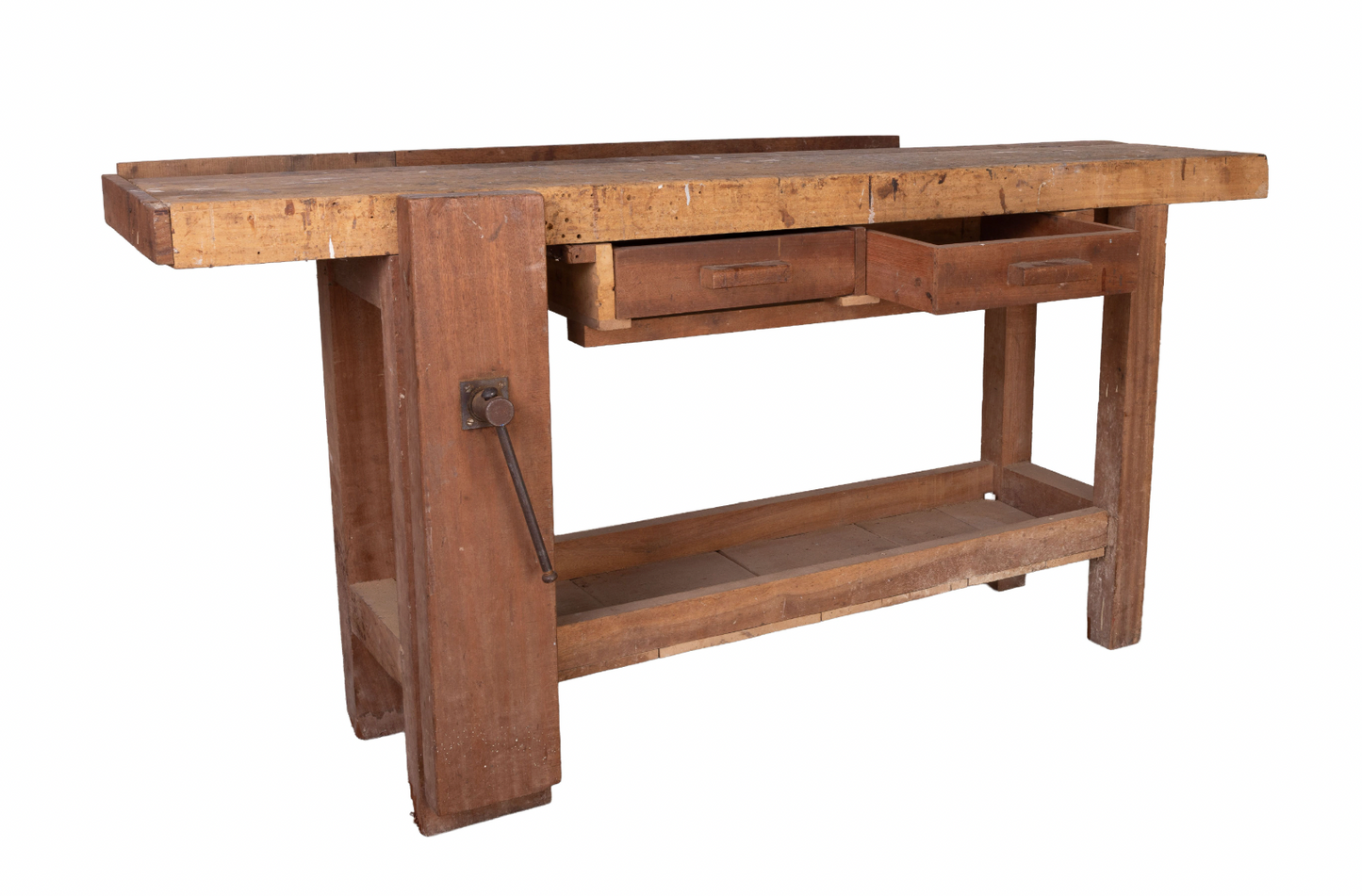 Antique French rustic 'Etabli' Workbench with vice and storage from a chateau workshop in the French Alps