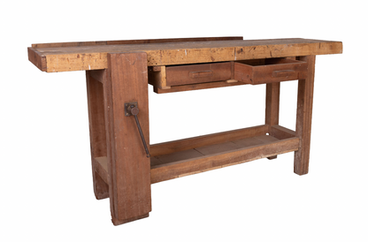 Antique French rustic 'Etabli' Workbench with vice and storage from a chateau workshop in the French Alps