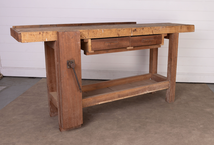 Antique French rustic 'Etabli' Workbench with vice and storage from a chateau workshop in the French Alps
