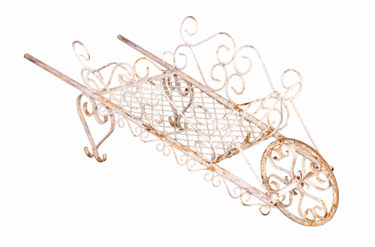 Charming Vintage French wrought iron garden wheel barrow from Provence with white painted patina