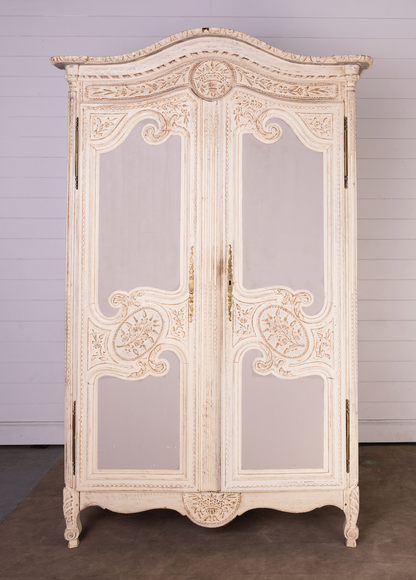 Beautiful Antique French Rococo Marriage Armoire with original soft blue and cream painted patina from Provence