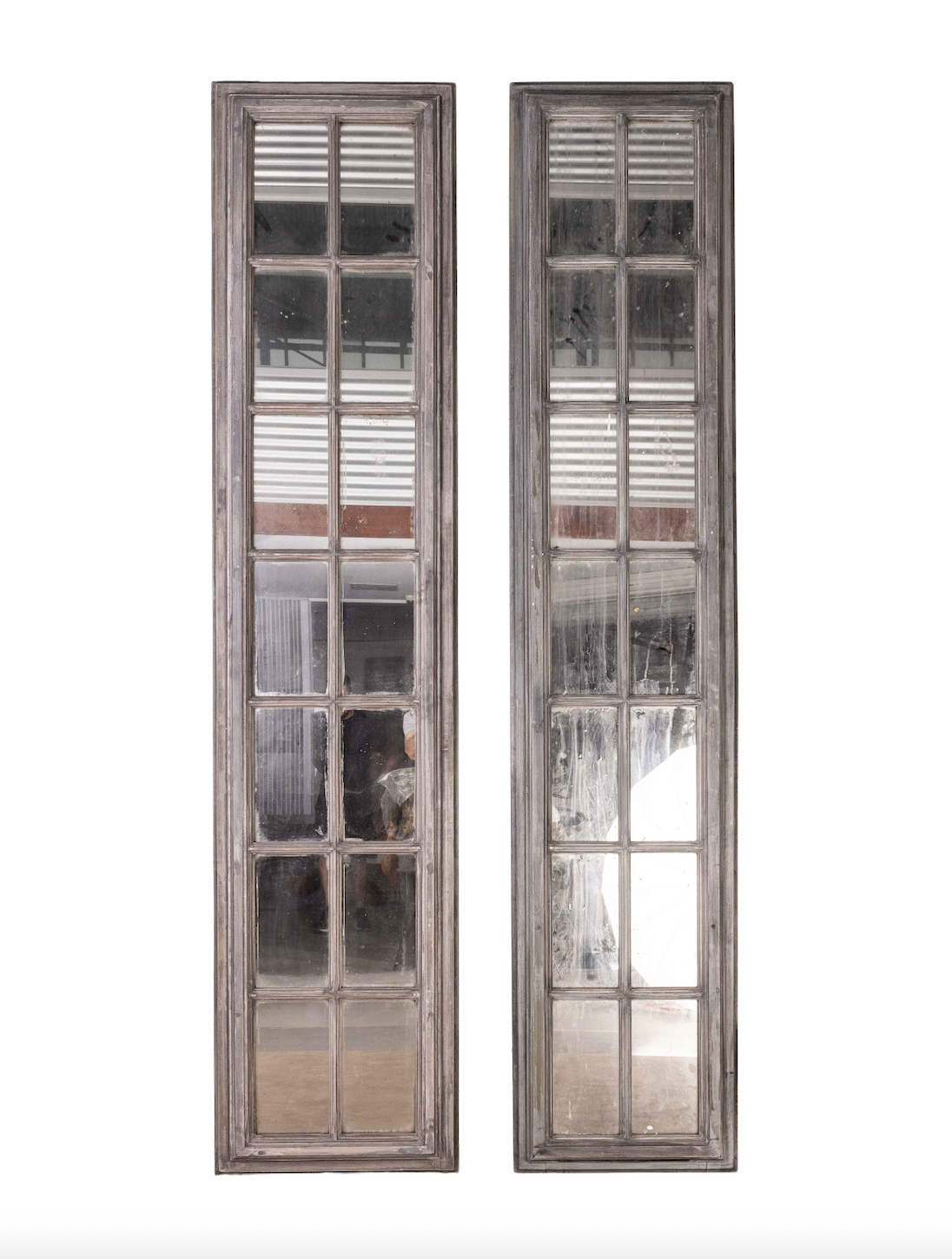 Pair of Oversized tall mirrored panels with grey painted patina frames