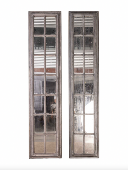 Pair of Oversized tall mirrored panels with grey painted patina frames