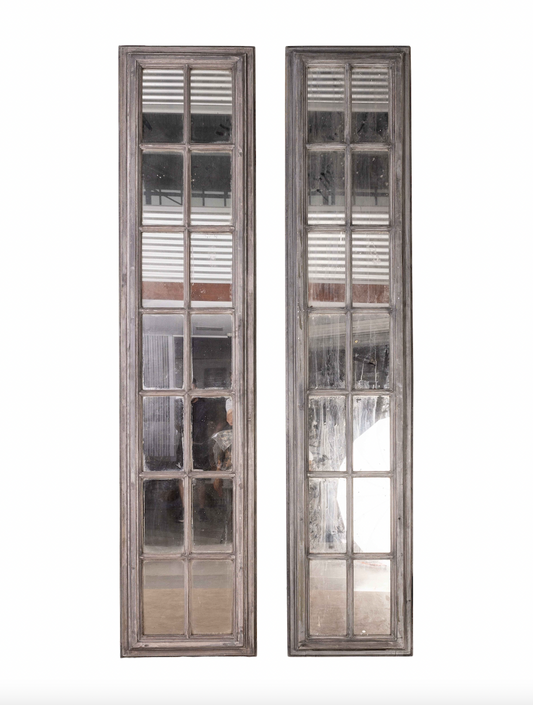 Pair of Oversized tall mirrored panels with grey painted patina frames