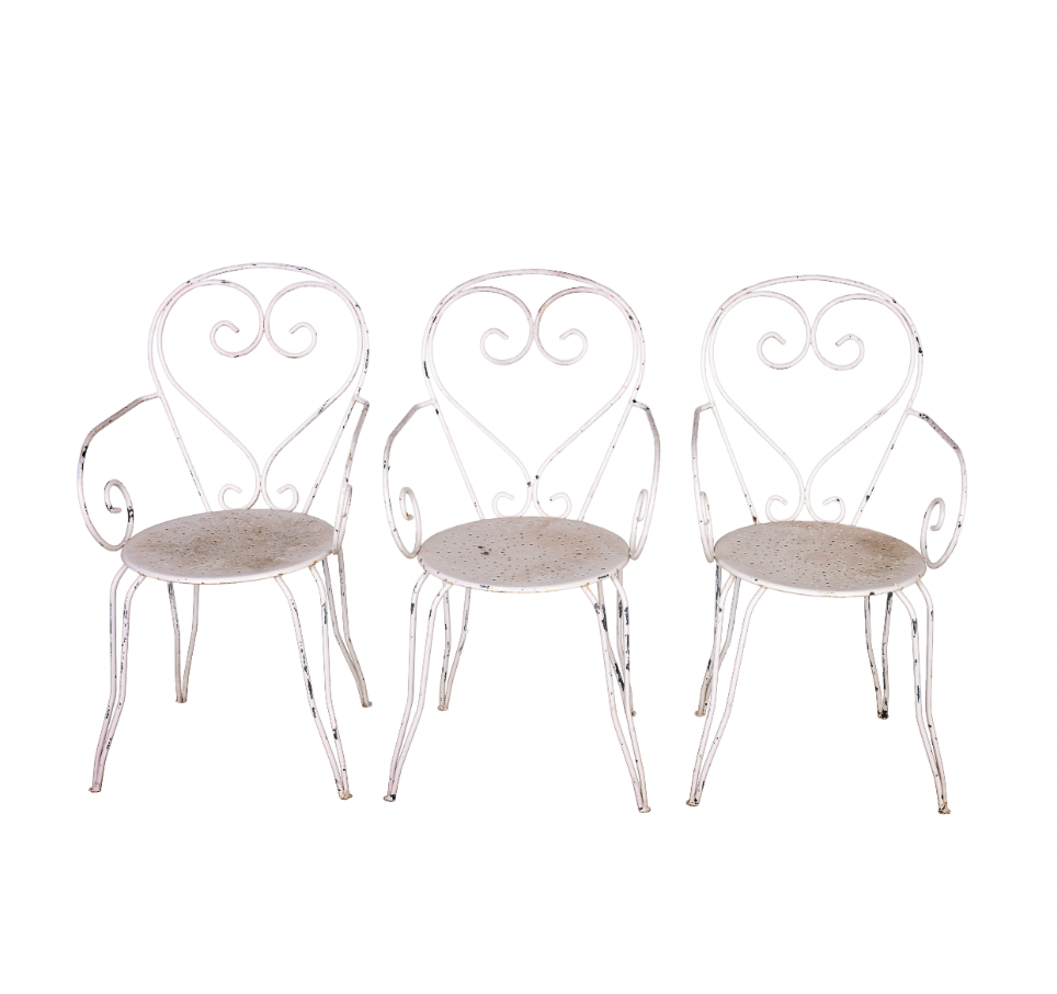 Set of 3 of Vintage French wrought iron garden armchairs