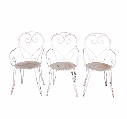 Set of 3 of Vintage French wrought iron garden armchairs
