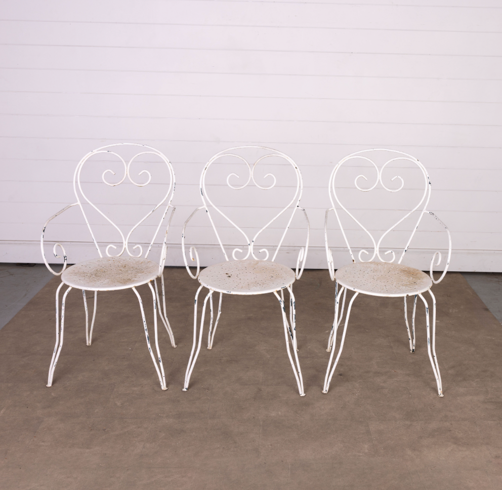 Set of 3 of Vintage French wrought iron garden armchairs
