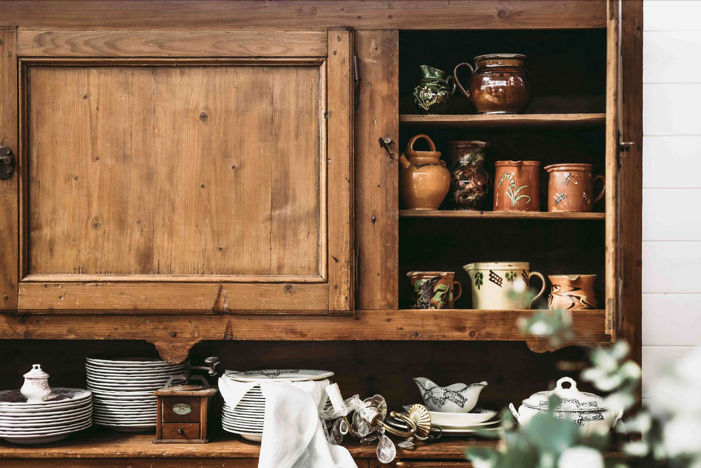 Beautiful antique French farm house kitchen buffet and hutch with ample storage and original hardware from a property near Chamonix
