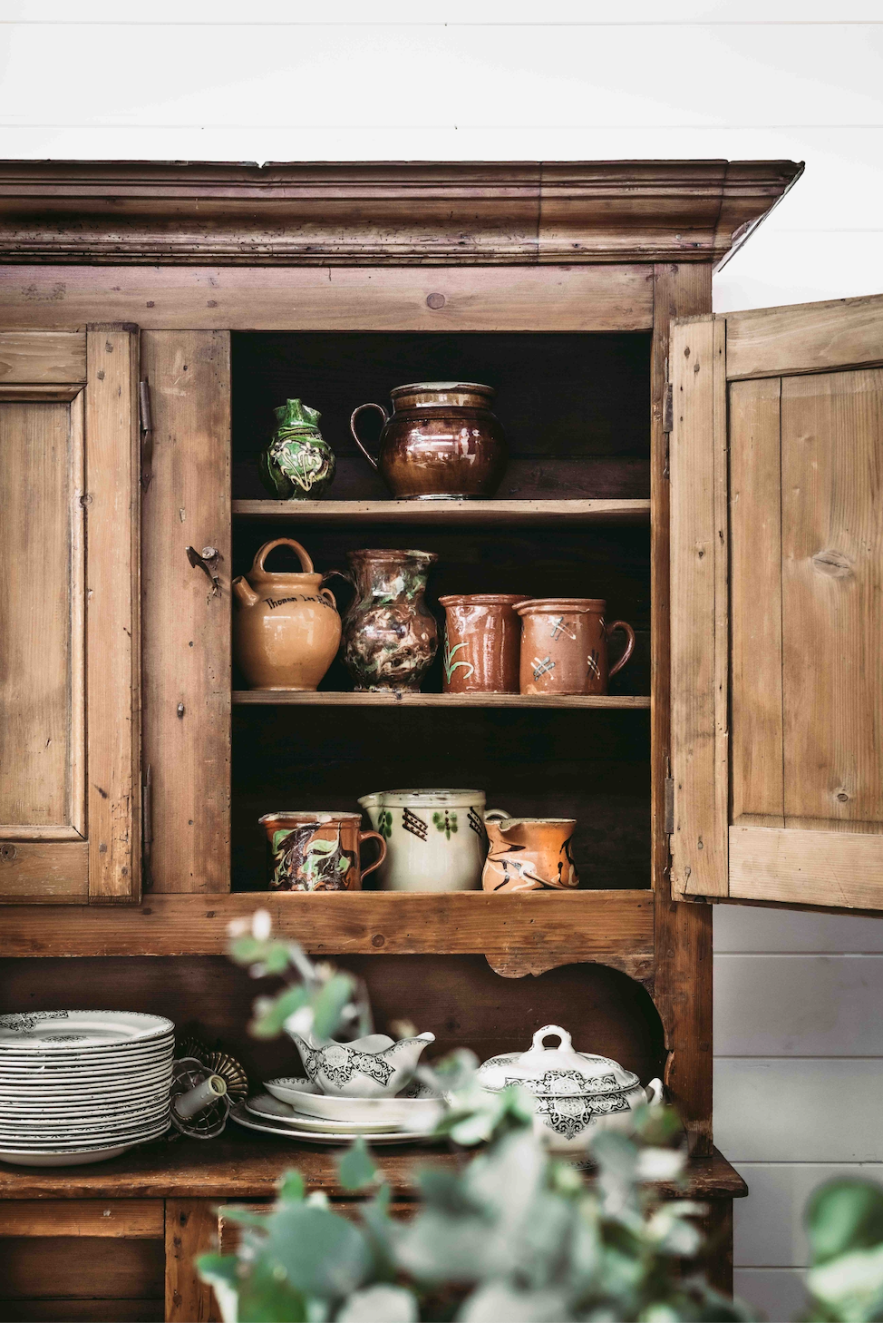 Beautiful antique French farm house kitchen buffet and hutch with ample storage and original hardware from a property near Chamonix