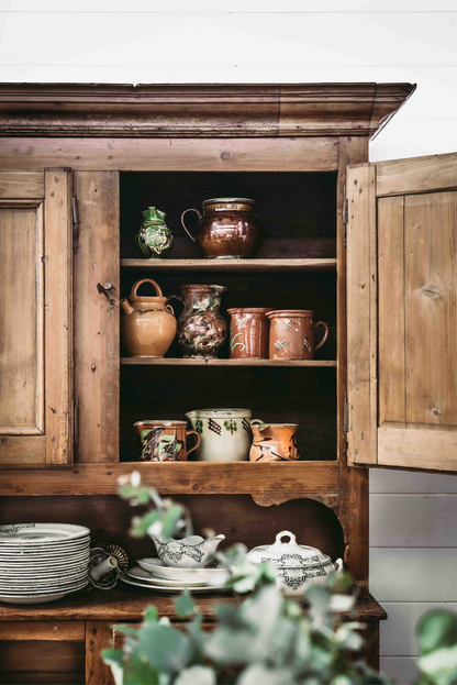 Beautiful antique French farm house kitchen buffet and hutch with ample storage and original hardware from a property near Chamonix