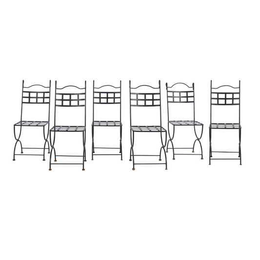 Set of 6 solid mid 20th century hand forged wrought iron chairs, distinctly Mediterranean, French or Spanish revival aesthetic