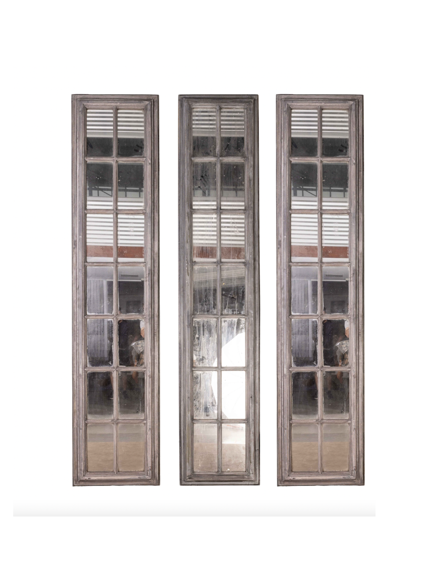 Three Oversized tall mirrored panels with grey painted patina frames