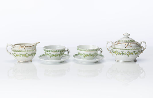 Beautiful Antique French tea set with painted green ribbon detail from Provence